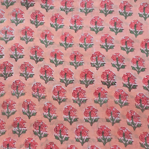Pure Cotton Jaipuri Peach With Pink Flower Motif Hand Block Print Fabric