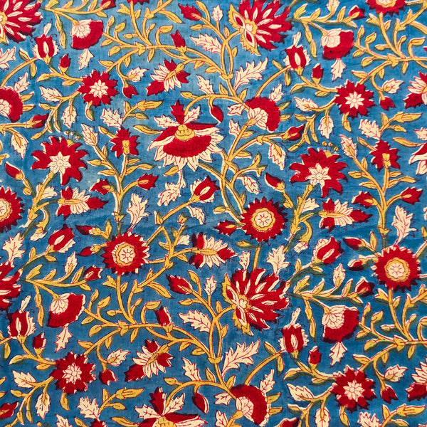 Pure Cotton Jaipuri  Blue With Red and Cream   Flower Jaal  Hand Block Print Fabric