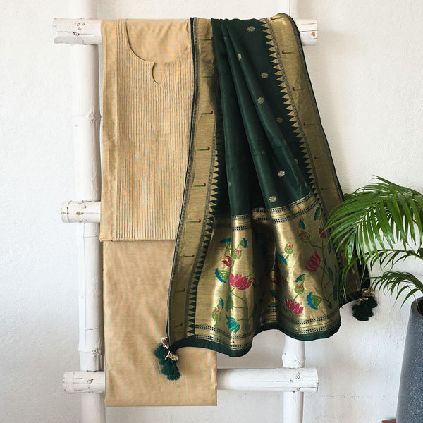 PAITHANI- Pintucks Cotton Silk Beige With Dark Green Paithani Dupatta Suit