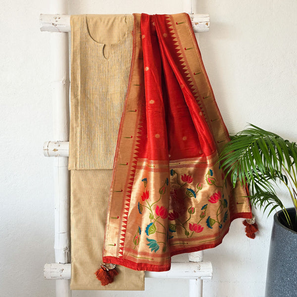PAITHANI- Pintucks Cotton Silk Beige With Rust Orange Paithani Dupatta Suit