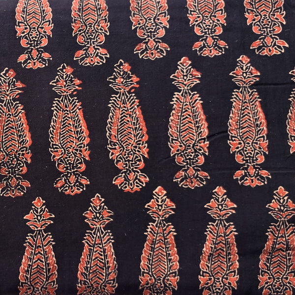 Pure Cotton Ajrak Vegetable Dyed Black  With Big Design Motif Hand Block Print Fabric