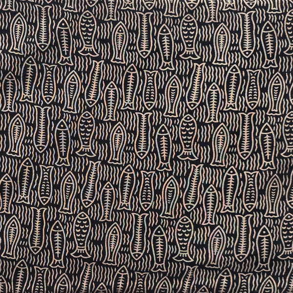 Pure Cotton Ajrak Vegetable Dyed Black With Cream Fish Motif Hand Block Print Fabric