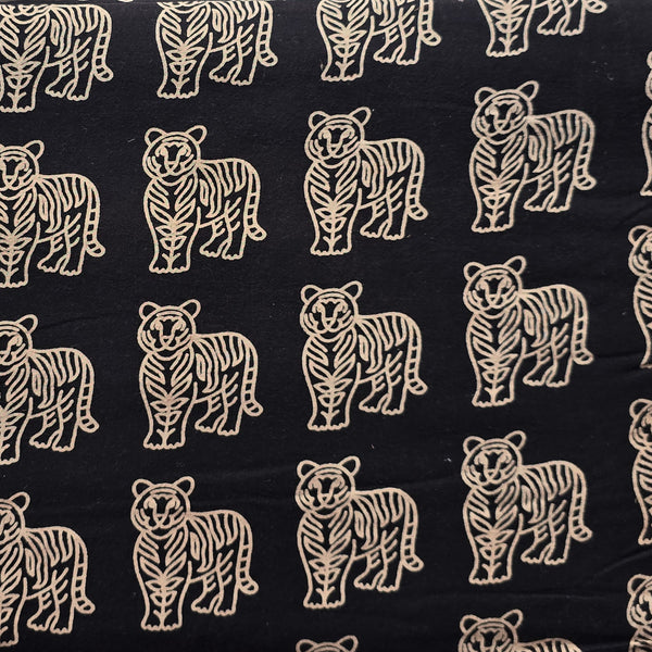 Pure Cotton Ajrak Vegetable Dyed Black  With Cream Tiger Motif Hand Block Print Fabric