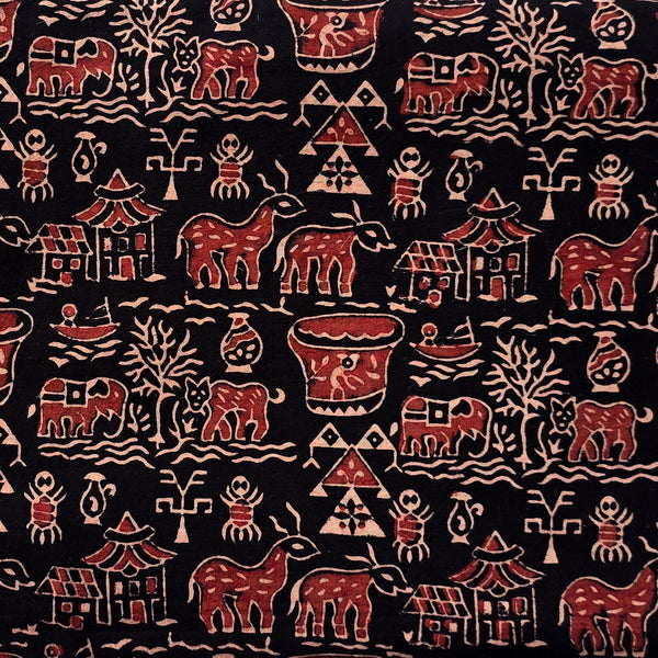 Pure Cotton Ajrak Vegetable Dyed Black And Rust Red With Warli Village  Hand Block Print Fabric