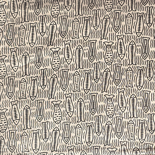 Pure Cotton Ajrak Vegetable Dyed Cream With Black Fish Motif Hand Block Print Fabric