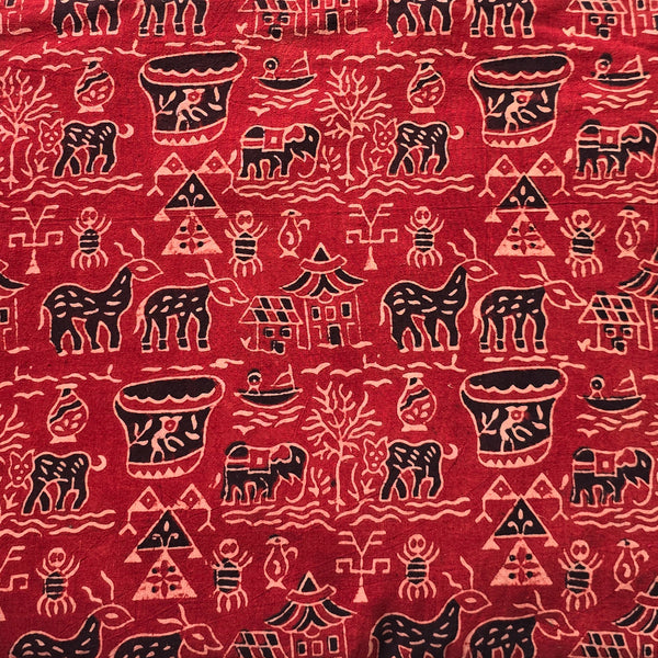 Pure Cotton Ajrak Vegetable Dyed Rust Red With  Black Warli Village Hand Block Print Fabric