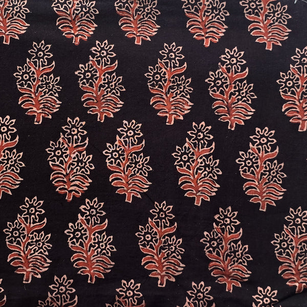 Pure Cotton Ajrak Vegetable Dyed Black With Plant Motif Hand Block Print Fabric