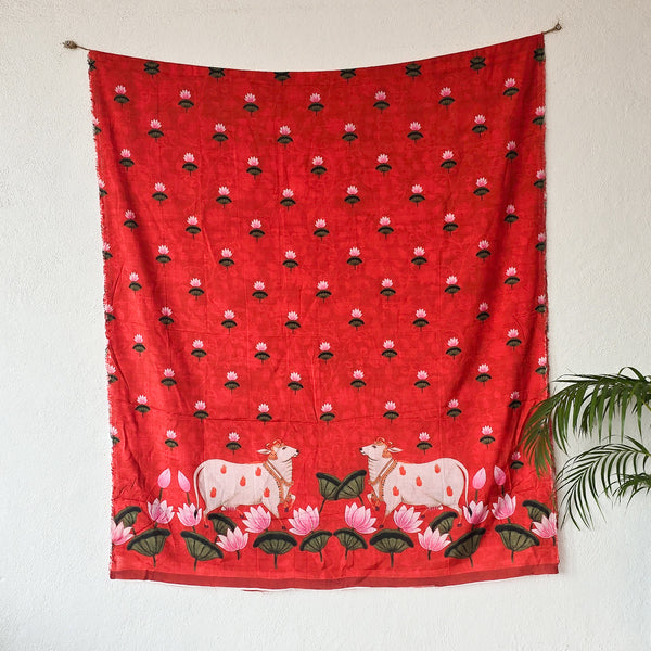 SUVIDHA -Muslin Kalamkari Digital Print  Red With Pichwai Cow And Lotus Pre-Design Fabric
