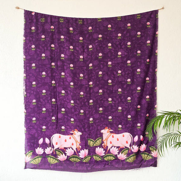 SUVIDHA -Muslin Kalamkari Digital Print Purple With  Pichwai Cow And Lotus  Pre Design Fabric