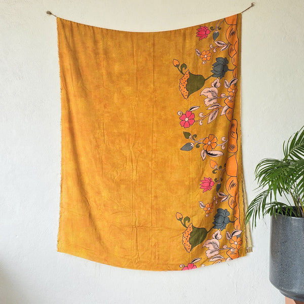 SUVIDHA -Muslin Kalamkari Digital Print Mustard With Flowers  Pre Design   Fabric