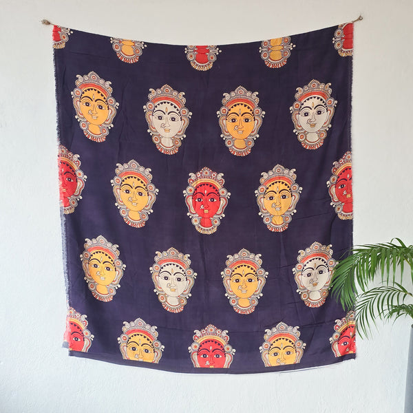 SUVIDHA -Muslin Kalamkari Digital Print Dark Purple With Face Motif Pre-Design Fabric