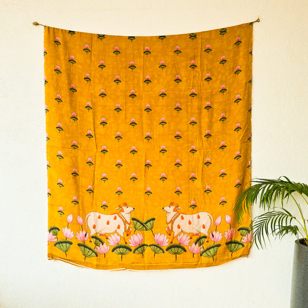 SUVIDHA -Muslin Kalamkari Digital Print Mustard With  Pichwai Cow And Lotus Pre-Design Fabric