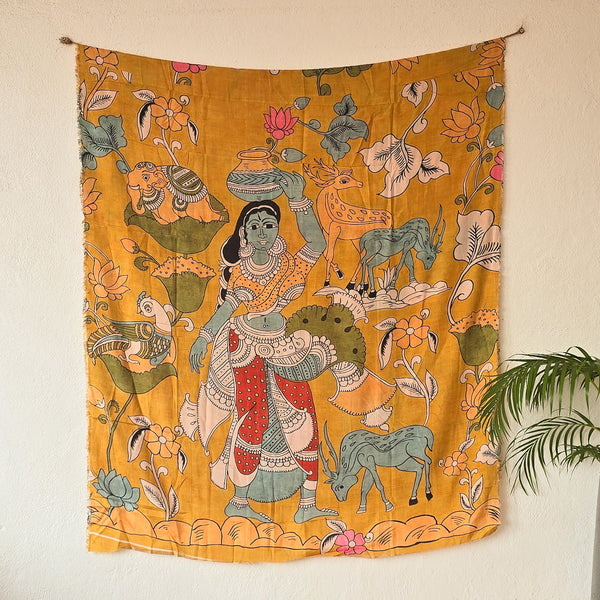 SUVIDHA -Muslin Kalamkari Digital Print Mustard With Floral Design And Indian Mythology Figure Pre-Design Fabric
