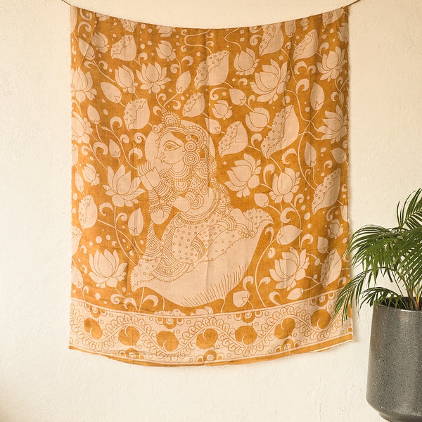 SUVIDHA -Muslin Kalamkari Digital Print Mustard With Cream Floral Design And Indian Mythology Figure Pre-Design Fabric