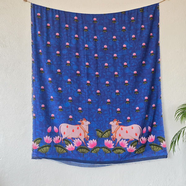 SUVIDHA -Muslin Kalamkari Digital Print Blue With Pichwai Cow And Lotus Pre Design   Fabric