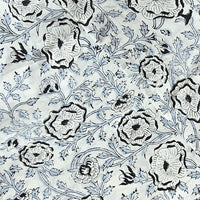 Pure Cotton Jaipuri White  With Black And Powder Blue Flower Jaal Hand Block Print Fabric