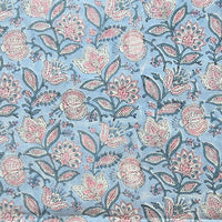 Pure Cotton Jaipuri  Sky Blue  Pink Flower Jaal Hand Block Print Fabric