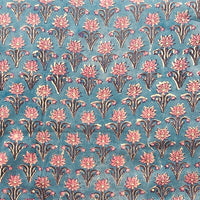 Pure Cotton Jaipuri Blue With Pink Flower Motif Hand Block Print Fabric