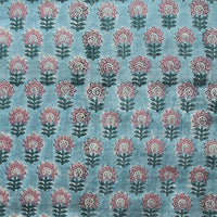 Pure Cotton Jaipuri Blue With Pink Flower Motif Hand Block Print Fabric