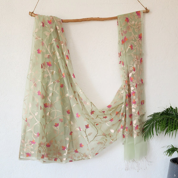 MONIKA - Organza pastel green With Flower Jaal Saree