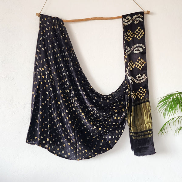 BINDANI-Modal Silk Bandani Black With Yellow And White Ghicha Pallu Saree.