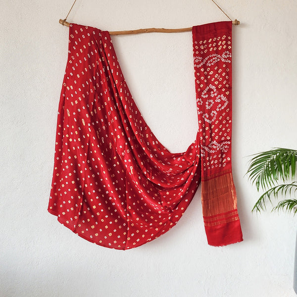 BINDANI-Modal Silk Red With Yellow And White Ghicha Pallu Saree.