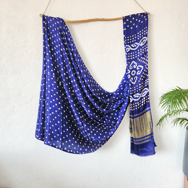 BINDANI-Modal Silk Dark Blue With Yellow And White Ghicha Pallu Saree.