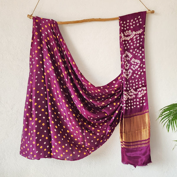 BINDANI-Modal Silk Purple With Yellow And White Ghicha Pallu Saree.