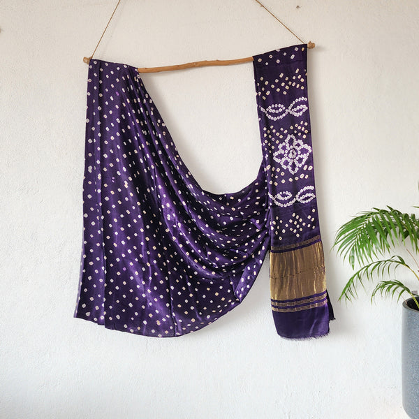 BINDANI-Modal Silk Bandani Brinjal Purple With Yellow And White Ghicha Pallu Saree.