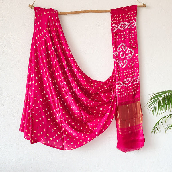 BINDANI-Modal Silk Bandani Pink With Yellow And White Ghicha Pallu Saree.