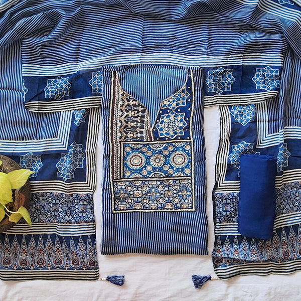 AJAYA -Modal Ajrak Navy Blue With Golden Embroidery Yoke Suit