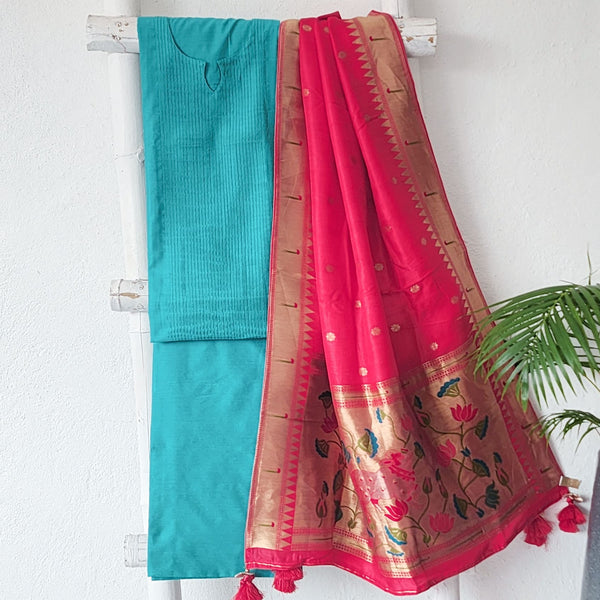 PAITHANI- Pintucks Cotton Silk Cyan With Peach Paithani Dupatta Suit