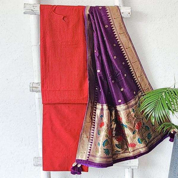 PAITHANI- Pintucks Cotton Silk Red With Purple Paithani Dupatta Suit