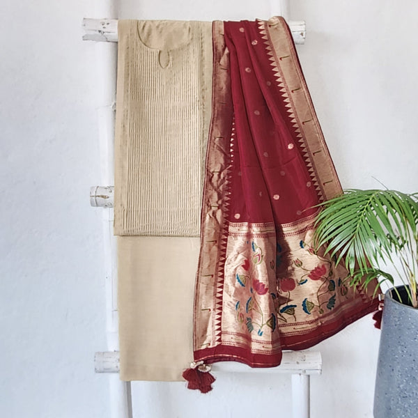PAITHANI- Pintucks Cotton Silk Beige With Maroon  Paithani Dupatta Suit