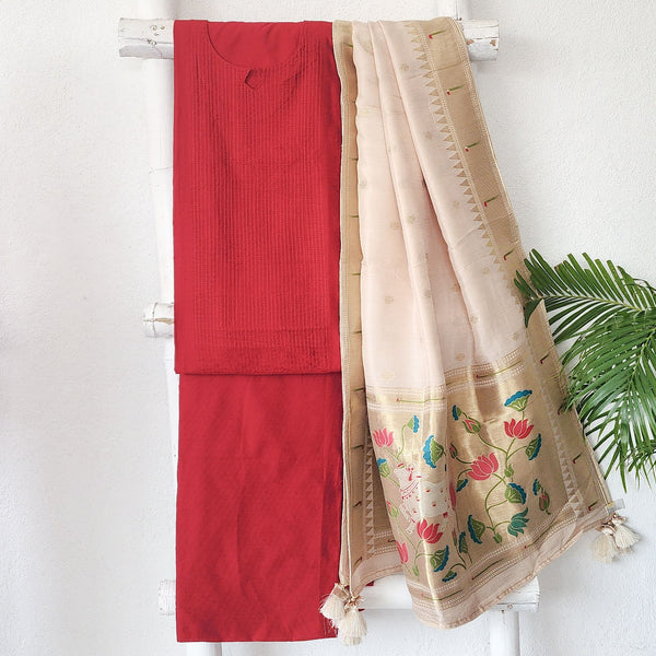 PAITHANI- Pintucks Cotton Silk Red With Off White Paithani Dupatta Suit