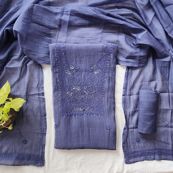 Lucknowi -Mul Chandari Lucknowi Grey Blue With Embroided Yoke Suit