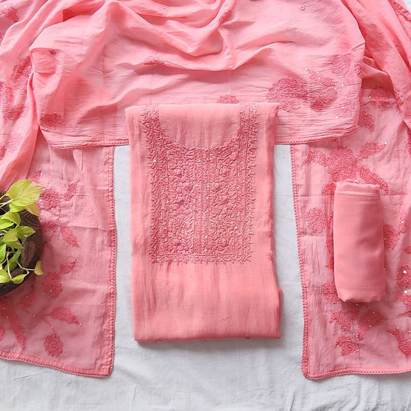Lucknowi -Mul Chandari Lucknowi Peach With Embroided Yoke Suit