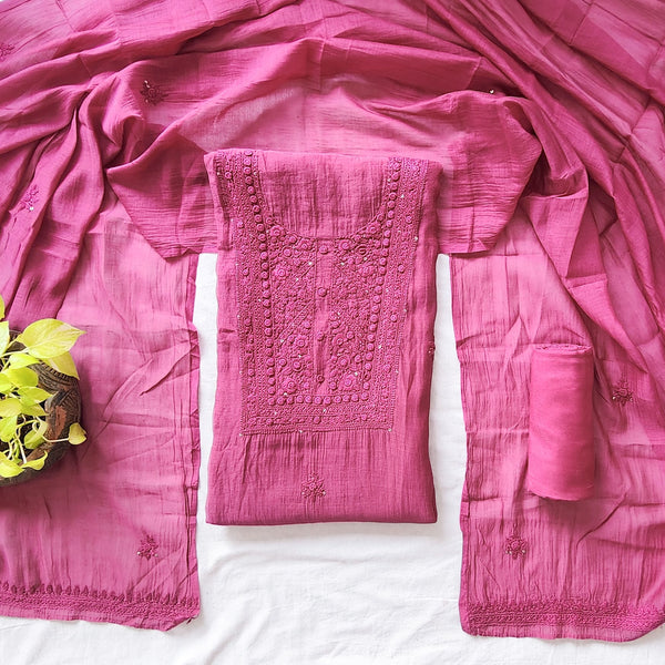 Lucknowi -Mul Chandari Lucknowi Dark Onion Pink With Embroided Yoke Suit