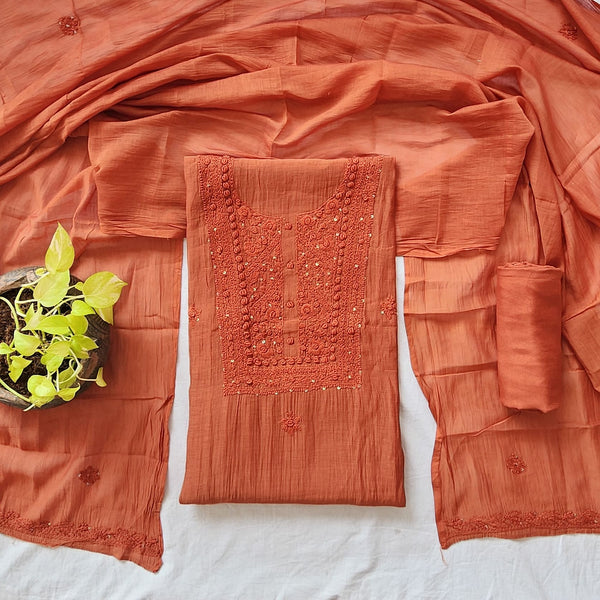 Lucknowi -Mul Chandari Lucknowi Rust Orange  With Embroided Yoke Suit