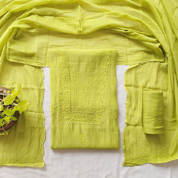 Lucknowi -Mul Chandari Lucknowi Parrot Green With Embroided Yoke Suit