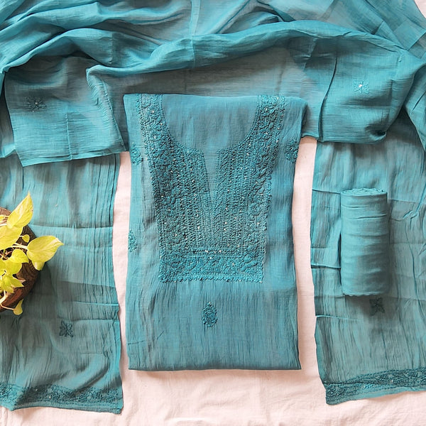 Lucknowi -Mul Chandari Lucknowi Teal  With Embroided Yoke Suit