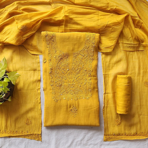Lucknowi -Mul Chandari Lucknowi Mustard With Embroided Yoke Suit
