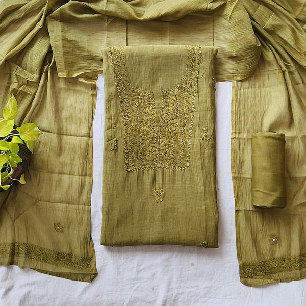 Lucknowi -Mul Chandari Lucknowi Mehandi Green With Embroided Yoke Suit