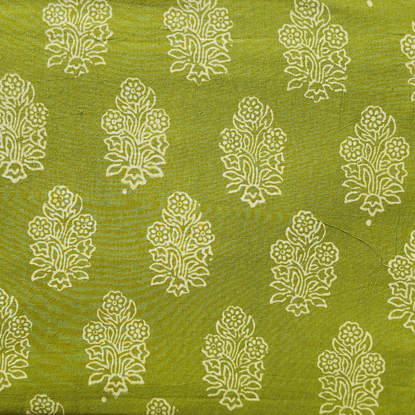 Pure Cotton Gamthi Parrot Green With Cream Flower  Plant Motif Hand Block Print Fabric
