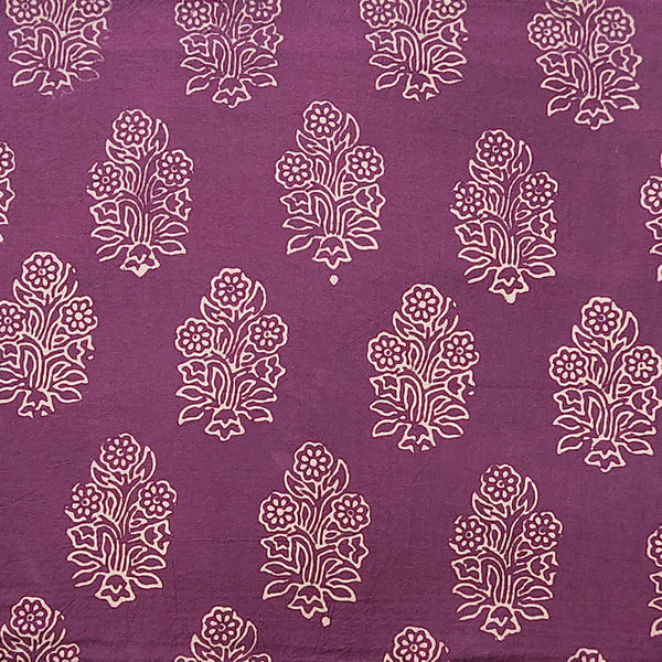 Pure Cotton Gamthi Purple With Cream Flower Plant Motif Hand Block Print Fabric