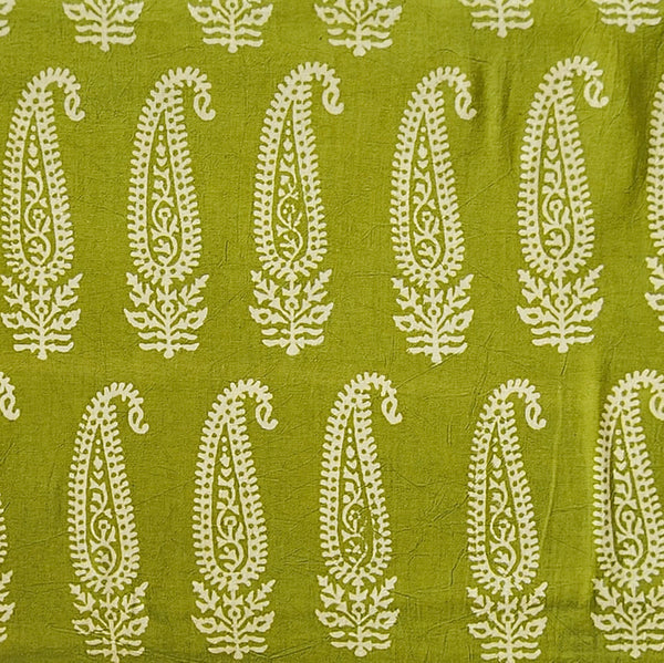 Pure Cotton Gamthi Parrot Green  With Cream Kairi Motif Hand Block Print Fabric