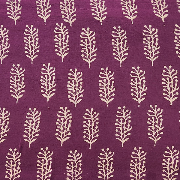 Pure Cotton Gamthi Purple With Cream Plant Motif Hand Block Print Fabric