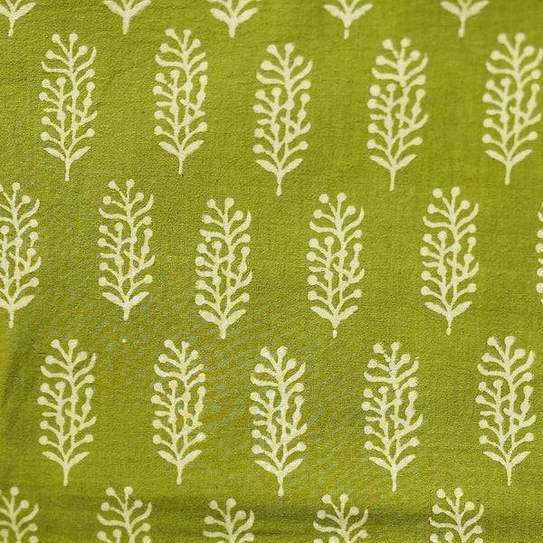 Pure Cotton Gamthi Parrot Green With Cream Plant Motif Hand Block Print Fabric