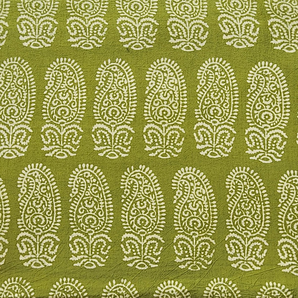 Pure Cotton Gamthi Parrot Green With Cream Kairi Motif Hand Block Print Fabric
