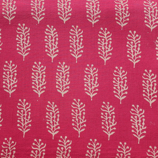 Pure Cotton Gamthi Pink  With Cream Plant Motif Hand Block Print Fabric